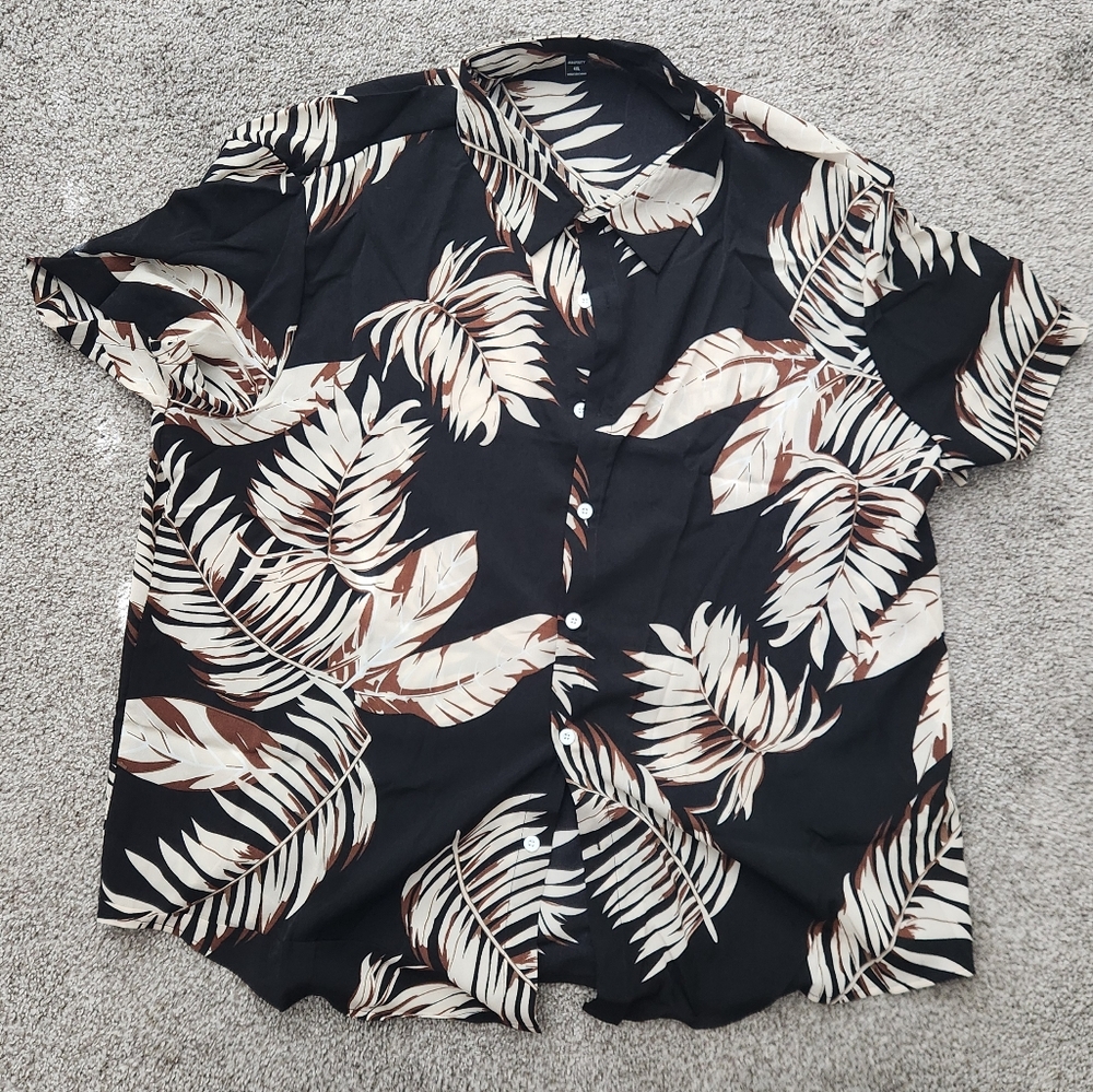 Black and Cream Leaf Print Men's Button Down Shirt